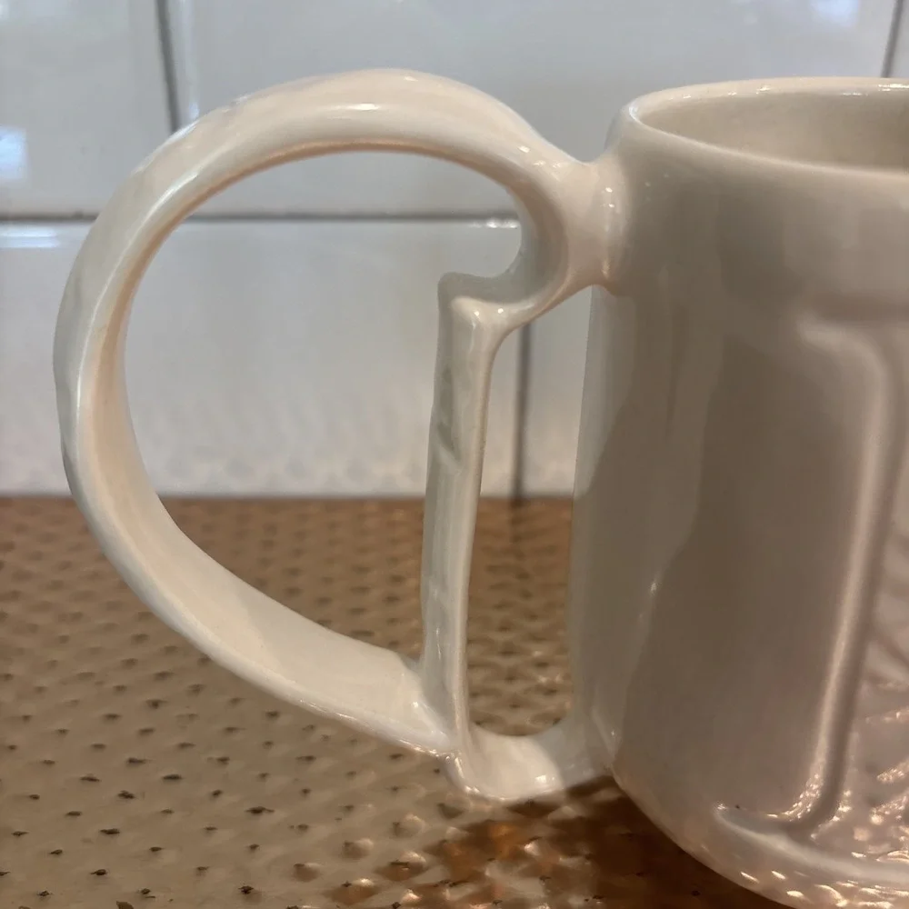 Pottery Barn A-Z Monogram Raised Letter D Coffee Tea Cup Mug Ornate Handle Ivory